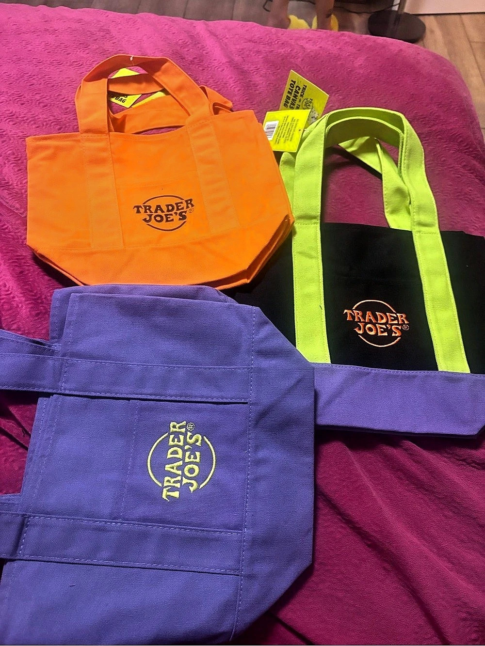 Trader Joe's Trick-or-Treat Mini Canvas Tote Bag Orange & Purple & Black SET OF